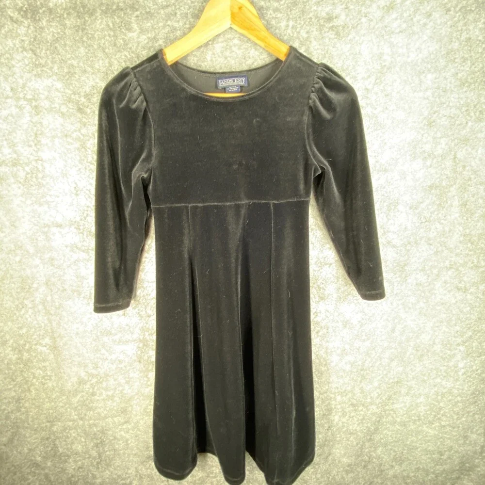 Lands End Dress Girls 7 Black Velvet Long Puff Sleeve A line Midi Soft Stretch